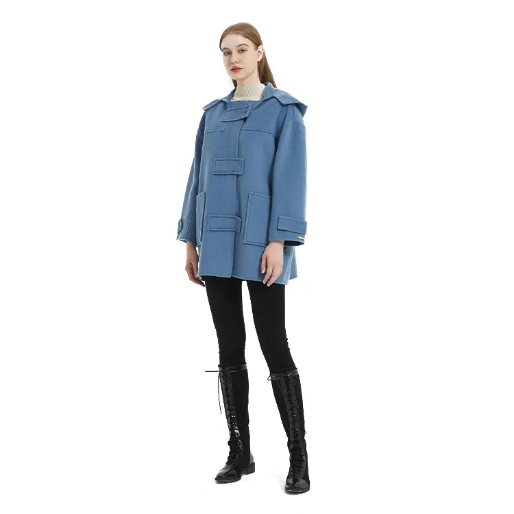 Nuovi stili invernali tinta unita elegante cappotto di lana donna personalizzano Trench blu con cappuccio