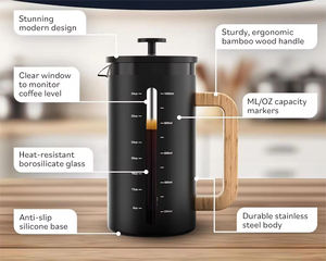 Cafetera Francesa Premium con Ventana Transparente para Ver el Nivel del Café, Mango de Bambú, Vidrio Resistente al Calor, Base Antideslizante - Product Image 2
