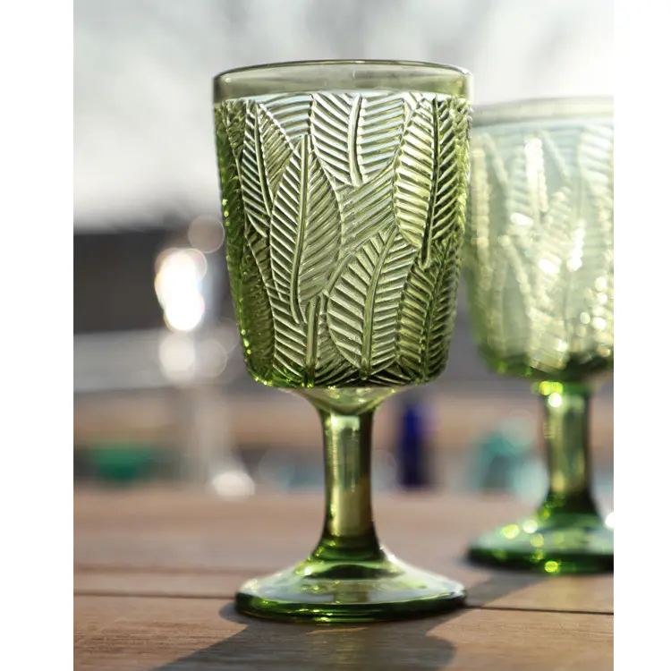 Vidro de vinho colorido estilo francês, goblet copo de decoração de casamento europeu, gravado, verde, folha, colorido