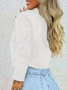 Veste de costume chic pour femme, style motard blanc, boutons dorés, coupe courte et ajustée, pour le bureau décontracté ou les occasions professionnelles légères - Product Image 2