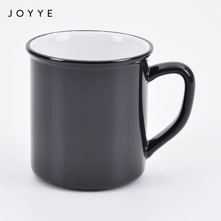 Joyye 중국 머그 공장 도매 디자인 광택 유약 블랙 에나멜 세라믹 머그 일반 차 커피 컵 머그