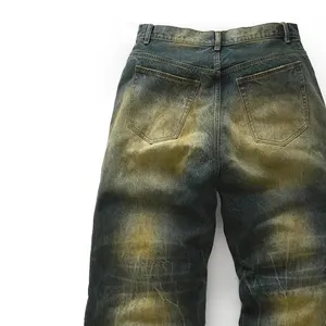 Người Đàn Ông Của Tùy Chỉnh Baggy Rộng Chân Hip-Hop Thời Trang Phố Jeans Đau Phải-Rửa Denim Vải Thêu Nút Thiết Kế Phun Trên Phai - Product Image 3