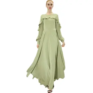 Reines Rosa dunkelblau grün hellblau farbe gerüschte knopfverschluss manschette abaya langes kleid muslimische islamische kleidung für damen