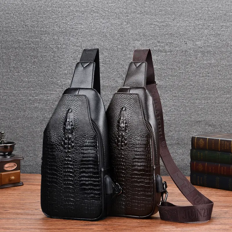 New Men's Large Capacity Men's Shoulder Bags Casual Crocodile Pattern Soft Leather Chest Bag For Men