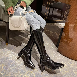 Women's Patent Leather Thigh High Boots with Chunky Heel and Pointed Toe Solid Color Knee high Boots for Winter Side Zipper - Product Image 1