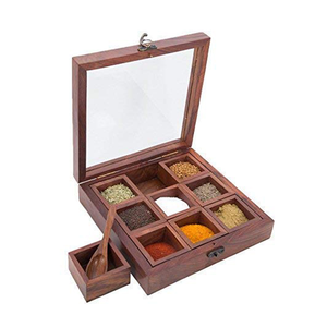 Caixa de Especiarias Masala DabbaLock, Suporte de Madeira para Especiarias, Caixa Utilitária, Caixa de Especiarias Quadrada Feita à Mão - Product Image 6