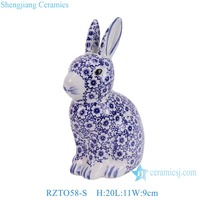 RZTO58-M-S bleu et blanc, motifs de fleurs et de feuilles Sculpture en céramique de lapin décoration de vacances de Pâques