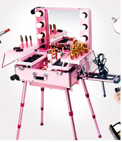 Valise de maquillage professionnelle multifonctionnelle pour salon de beauté avec miroir à LED et pieds rétractables