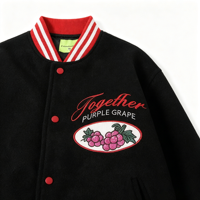 Blouson de baseball vintage noir pour homme, style preppy oversize, broderie graphique raisin, rayures rouges, veste bomber universitaire