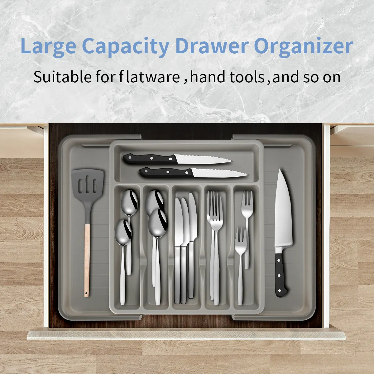 Kitchen Grey PP Material Organizer Tray For Cutlery Drawer Silverware Storage Expandable Cutlery Organizer