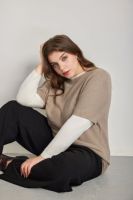 Pull en maille pour femme grande taille, col rond, manches contrastantes à effet double pièce, tons neutres, pour le quotidien, le bureau, le printemps, à superposer