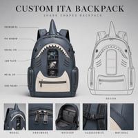 Sac à dos Ita personnalisé en forme de requin, en cuir PU bleu marine et crème, avec fenêtre en PVC, poche latérale, fabrication d'échantillons OEM ODM