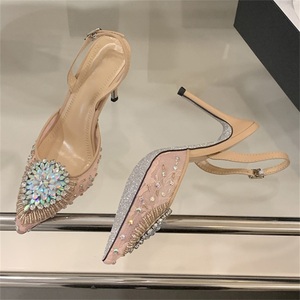 2025 Women's Fashion Rhinestone Mesh Ankle Strap <b>Shoes</b> Pointed Toe High Heels for Summer and Autumn Parties Light Crystal - Product Image 3