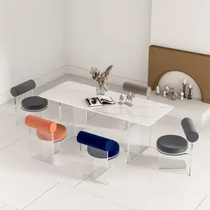 Yeni tasarım temizle şeffaf akrilik yemek sandalyesi ile yüksek yoğunluklu sünger ve kadife yemek sandalyesi Modern eğlence oturma sandalye