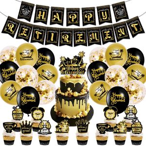 Set de Decoración para Fiesta Temática de Jubilación en Negro y Dorado, Incluye Pancarta, Adornos para Pastel, Confeti de Látex y Globos - Product Image 1