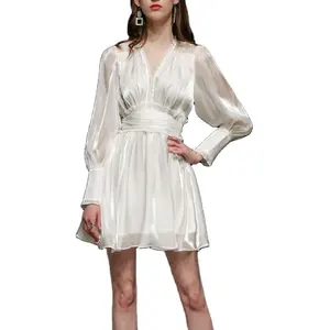 New Fashion Women Classic Dress Sexy Bright V-Neck Lantern Sleeve High Waist A-Line Dress Evening Prom Mini Dress