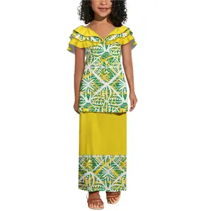 Promotional Price Wholesale Pacific Design Maxi Girls Dresses Tapa Polynesian Tonga Tribal Printed V Neck Kids Dress 3-16 Years