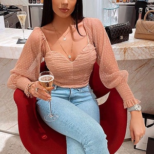 <span class=keywords><strong>Blusa</strong></span> de gasa de encaje transpirable para mujer, camisa de <span class=keywords><strong>manga</strong></span> larga <span class=keywords><strong>con</strong></span> estampado de lunares personalizados, cruzado en el pecho, ombligo desnudo, fruncido - Product Image 4