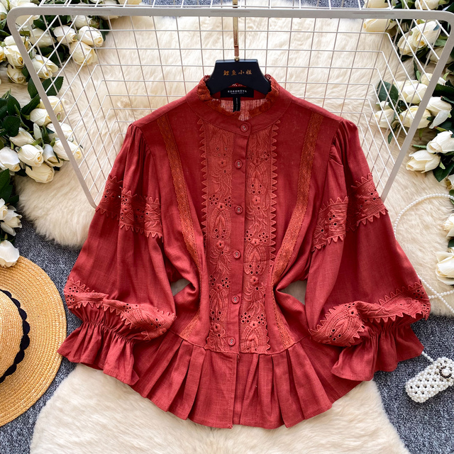 Spring Full Sleeve Stand Collar Vintage Lace Blouses Women Lantern Sleeve Solid Lace Shirts Ladies Elegant Tops Clothes Women