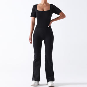 2024 cuello cuadrado <span class=keywords><strong>trompeta</strong></span> pantalones mono conjuntos de yoga sin costuras para mujeres mallas de pierna ancha ropa de gimnasio entrenamiento Fitness ropa deportiva - Product Image 2