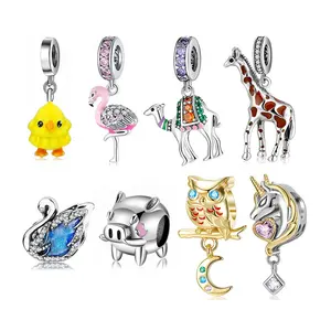 Hot selling cubic zircon pig giraffe camel animal charms for jewelry bracelets 925 silver in stock