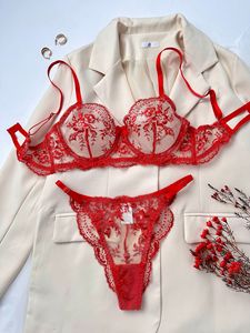 Wholesale Floral Embroidery Lingerie <b>Set</b> <b>Sexy</b> Sheer Mesh Underwire Bra and Thong Panties <b>Set</b> 2 Piece Lace Intimates <b>Set</b> with Bow - Product Image 2