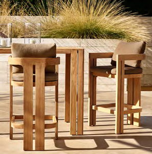 Tabouret de bar d'extérieur moderne en teck avec coussin et pieds coniques pour mobilier de jardin et de terrasse - Product Image 5