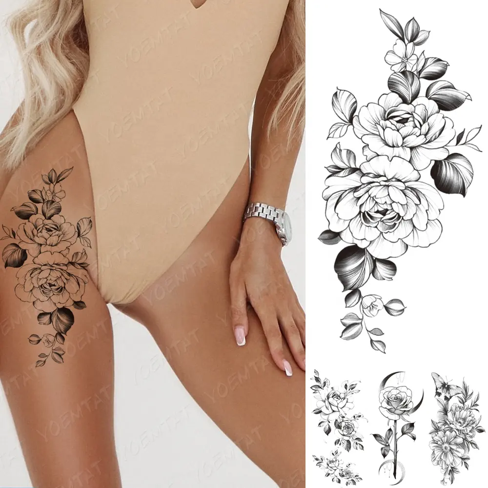 Lotus Rose Flower Blossom Flash Tattos Female Minimalist Line Arm Body Art Waterproof Temporary Tattoo Sticker
