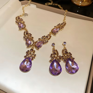 Set di Gioielli in Lega Placcati Oro 24K Stile Retrò Haute Couture con Collana e Orecchini a Fiori Colorati per Matrimoni, Feste e Fidanzamenti - Product Image 6