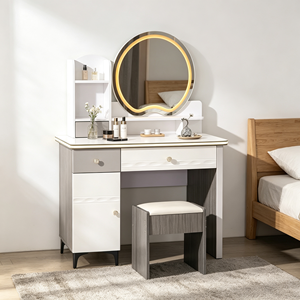 Modern Makeup <b>Vanity</b> With <b>Lighted</b> Oval Mirror Storage Drawers Bedroom Dressing Table With Stool - Product Image 4