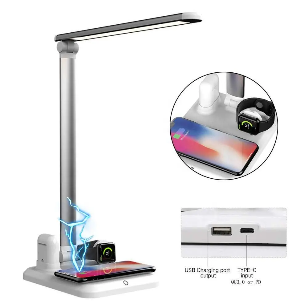 Qi Fast Charging Stand Folding LED Desk Table Lamp Eye Protection Wireless Charger Station Phone Power Bank DC Output Interface
