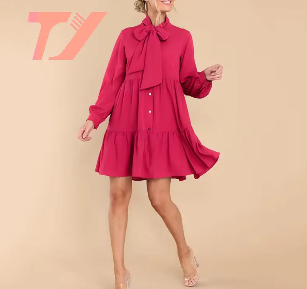 TUOYI vêtements pour femmes personnalisés automne robe rose vif à la mode boutons de Style de mode sur le devant à manches longues robe courte