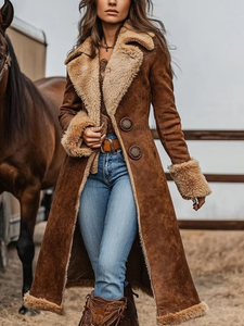 Women's Vintage Fleece-<b>Lined</b> Long <b>Coat</b> for Warmth in Fall and Winter Fashion - Product Image 4