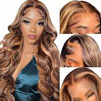 Perruque naturelle noire avec mèches blondes, mélange de couleurs, ondulée, bouclée, pré-épilée, avec dentelle transparente HD, en cheveux humains vierges bruts