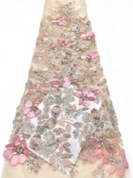 Tissu en dentelle brodée 3D rose avec motif floral, luxueux et élégant pour les robes de mariée et les vêtements