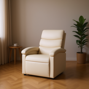 Cream Fabric <b>Massage</b> Recliner <b>Chair</b> Manual Operation Contemporary Design Cushion Back <b>Padded</b> Arms Wood Frame - Product Image 2