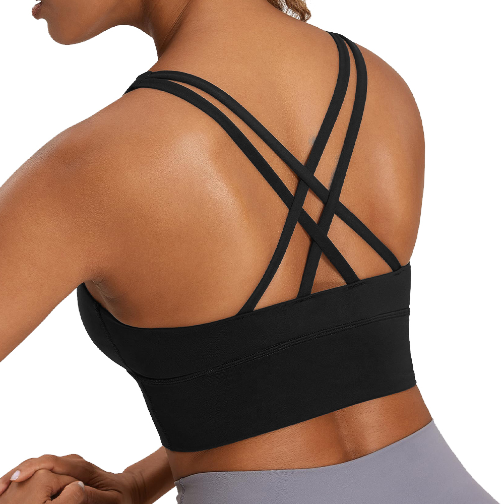 Athletic Running Workout Yoga Sports Bra Black Color Customer Logo Padded Push Up Long Line Strappy Back Sports Bra For Women