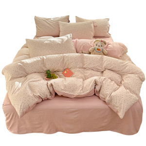 Four Piece Bedding Set Washed Cotton Duvet Cover Pillowcase <b>Fitted</b> <b>Sheet</b> Student Dormitory Set Spring 2026 Geometric Cartoon - Product Image 5