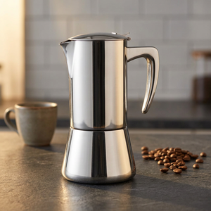 Cafetière Moka italienne de luxe en acier inoxydable argenté pour cuisinière, finition satinée, isolation thermique, 0-6 tasses - Product Image 3