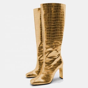 Stylish Women's Long Boots Thick Heels Square Toe Fashion Knee High Booties Animals Pattern Gold Silver <b>Shoes</b> - Product Image 1