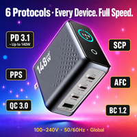 Chargeur GaN de bureau 148W avec affichage numérique, 4 ports PD3.1 QC4.0, charge ultra-rapide, certifié CE FCC RoHS pour OEM/ODM, logo personnalisé