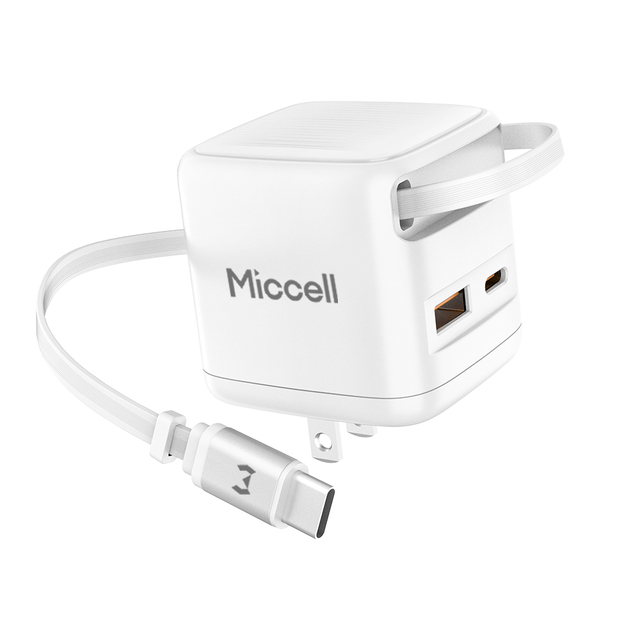 Miccell 35W GaN Wall Charger with Built-in Retractable Cable and Dual Ports As Power Adapter for Travel Office and Home Use