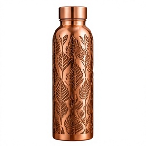 Handmade Copper <b>Water</b> <b>Bottle</b> with Leaf Pattern Engraving Portable <b>Metal</b> Eco Friendly Travel Drinkware - Product Image 1