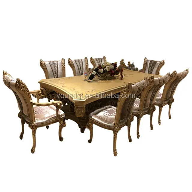 Antik Klasik Gading Meja Makan Mewah Baroque Ukiran Kayu Meja Italia Oak Meja Kayu