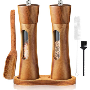 Ensemble de salières et poivrières en céramique réglables avec moulin à poivre manuel en bois d'acacia et plateau, livré dans une boîte personnalisée pour usage en restaurant - Product Image 1
