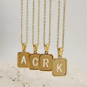 Luxury Ladies Gold Plated Sandblasted Initial Necklace Stainless Steel Square Initial Pendant Necklace