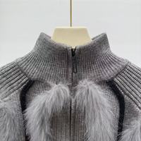 Pull à col montant de luxe avec bordure en vraie fourrure de renard Déc Femmes Cardigan tricoté de couleur personnalisée avec fermeture éclair