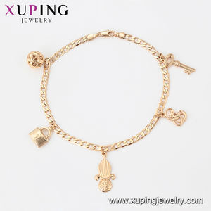 Cavigliera Xuping 77102 con ciondoli a forma di ananas e sfera, con molti pendenti indipendenti del sesso, e ciondoli a forma di chiave e lucchetto 218063 - Product Image 3