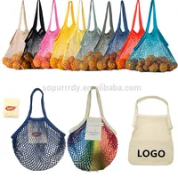 Soprurrdy eco friendly logo personalizzato riutilizzabile pieghevole 100% cotone mesh net bag manico lungo shopping tote bag per alimenti