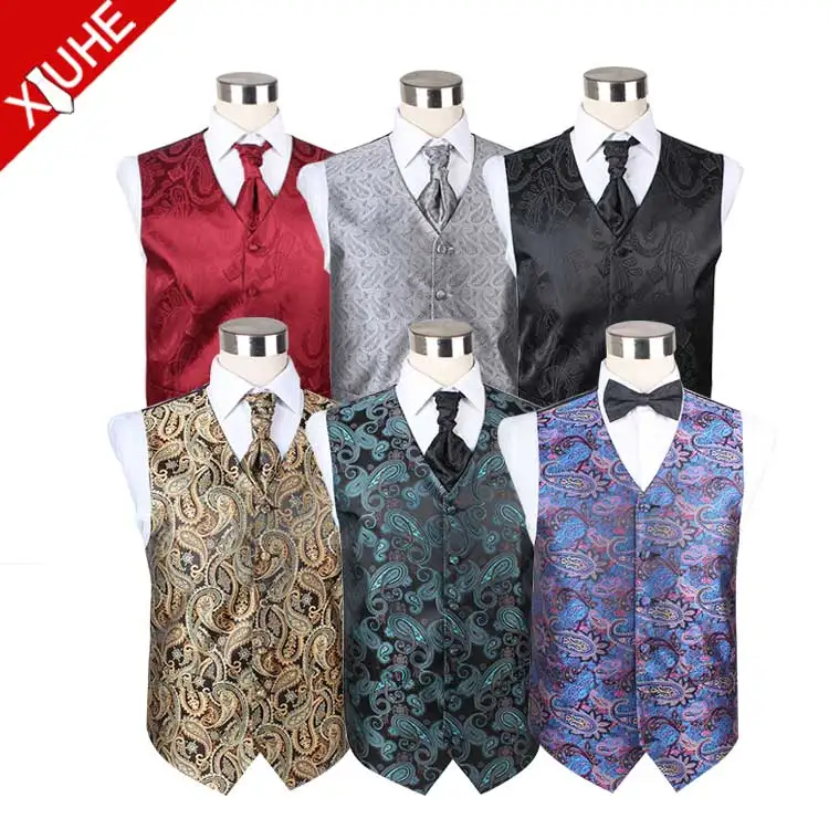 Fashion Design OEM Vest Mens Paisley Pattern Gold Formal Waistcoat Wedding Red Polyester Custom Vests Waistcoats for Men